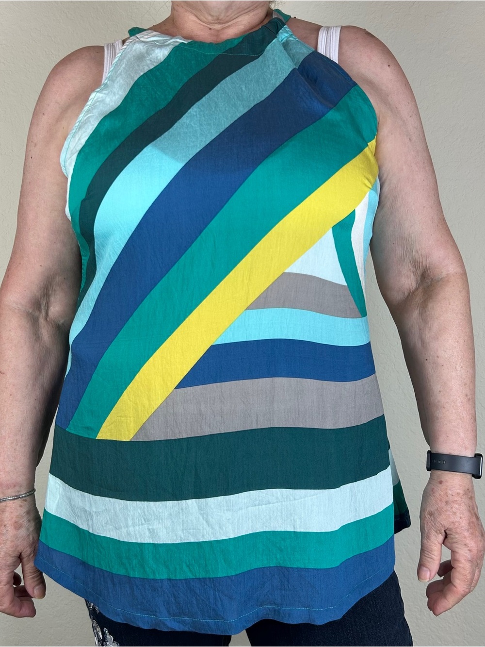 Tommy Bahama Halter Top L Blue Green Geometric Stripe Keyhole Neck NEW